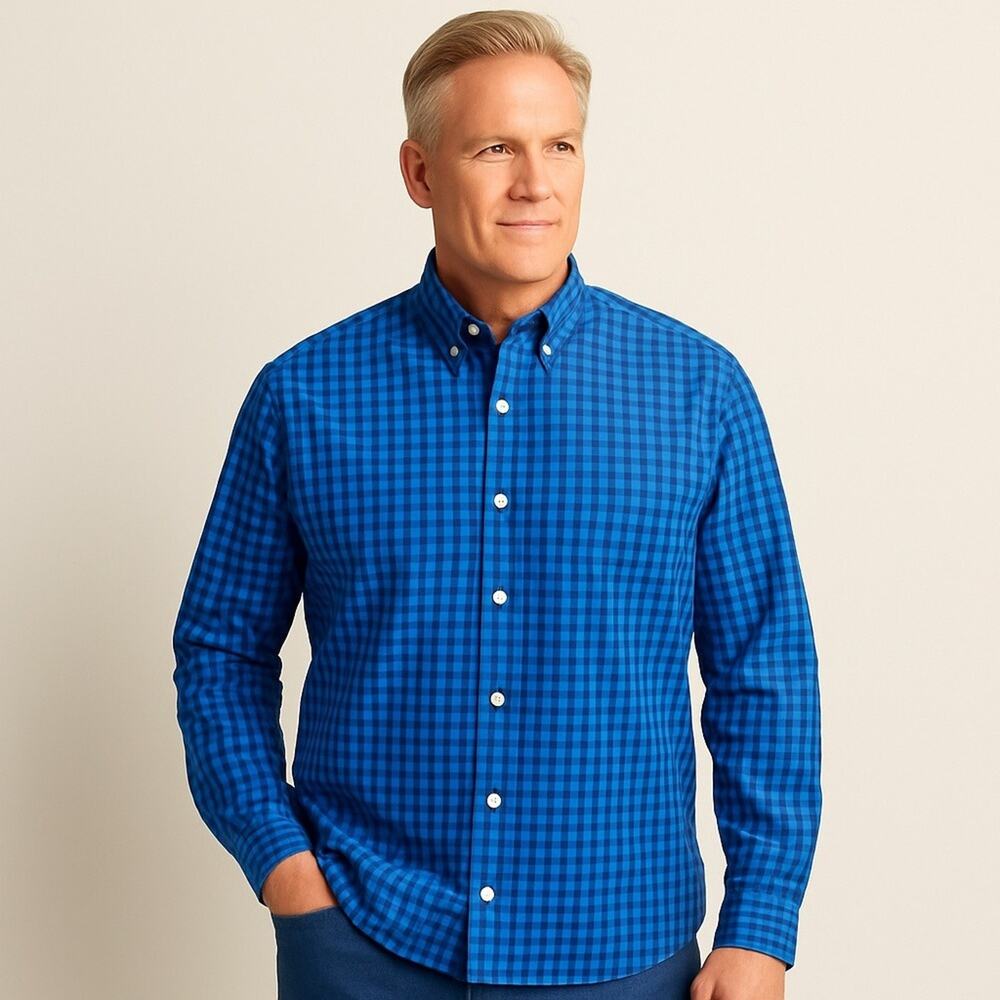 Lands End Men's XXL Blue Gingham Shirt 34" Sleeve Preppy Classic Traditional Fit